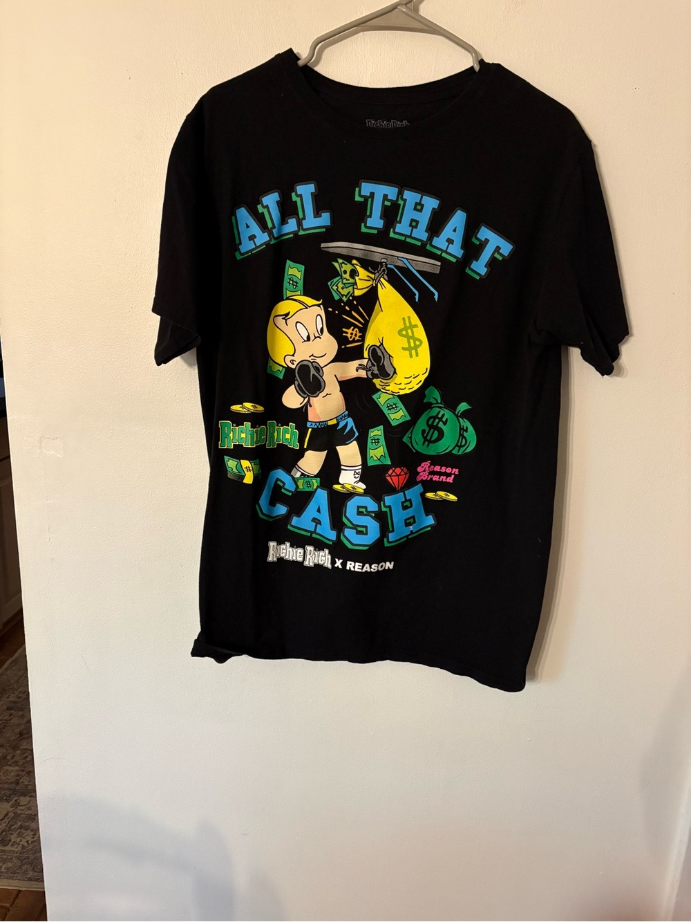 Reason Black Graphic 'All That Cash' Tee with Yellow & Blue Print